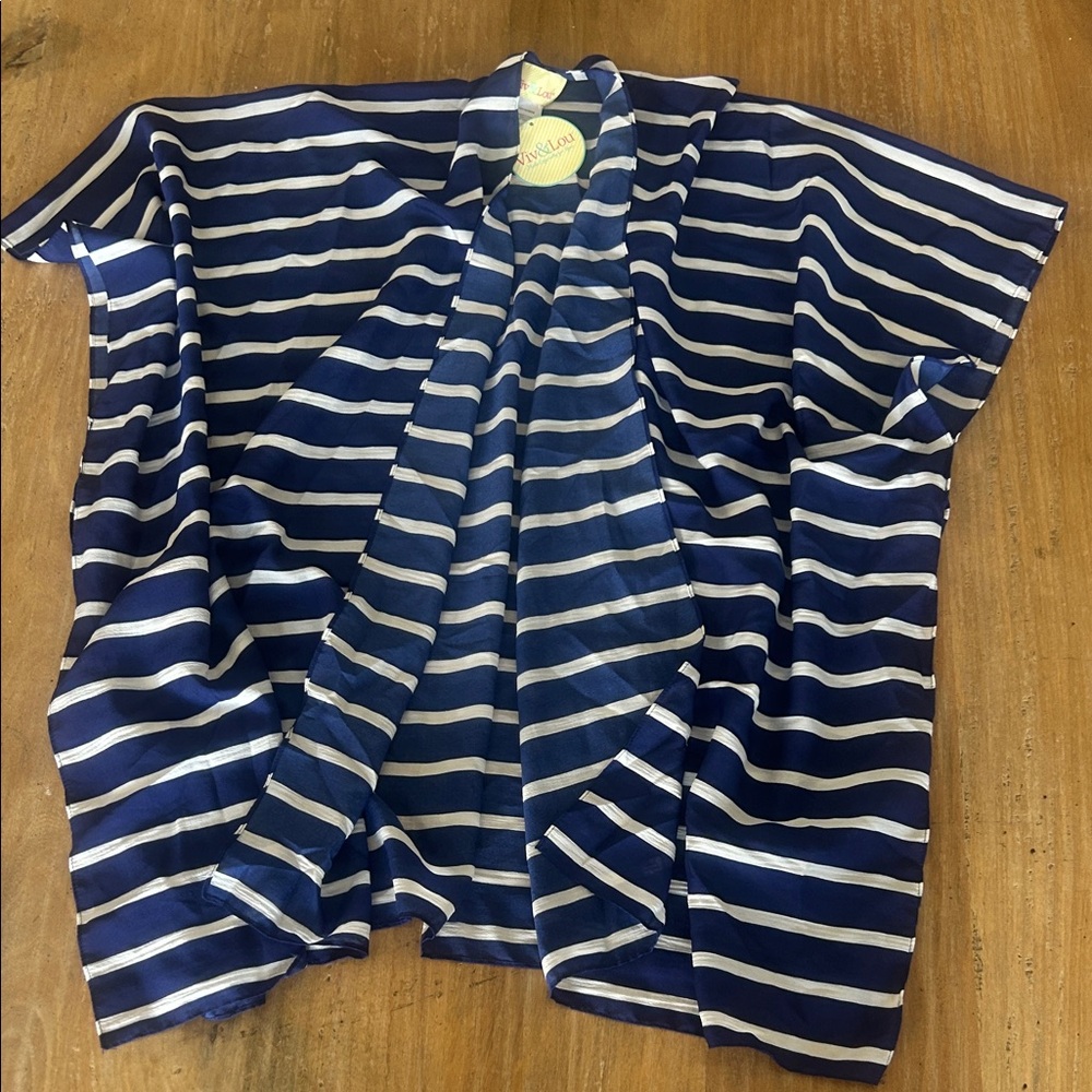 Viv & Lou Kimono Cardigan Navy Blue White Striped One Size Coverup Wrap